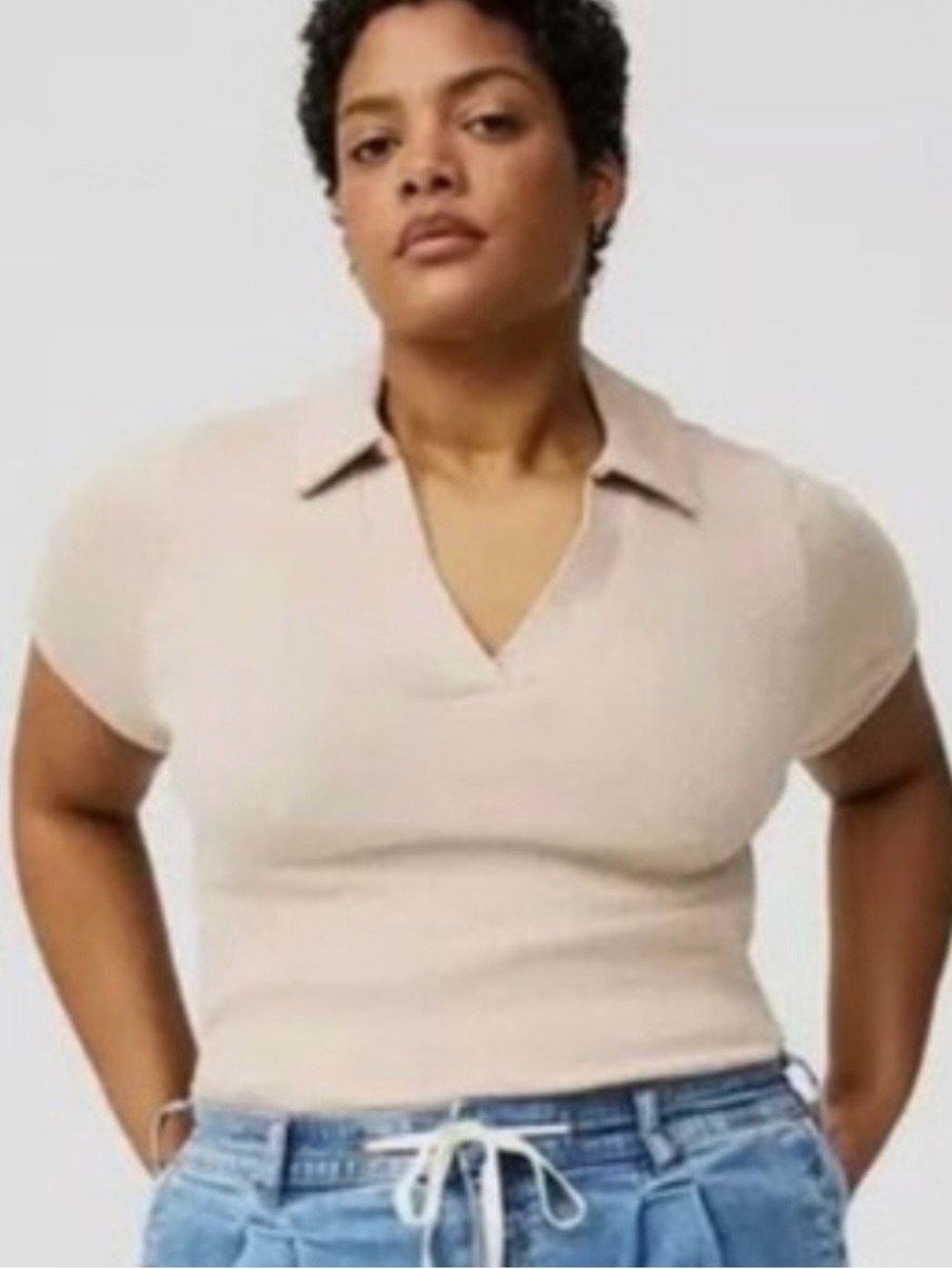 NWT Torrid Heritage Ribbed V-Neck Collared Polo Tee Heathered Oatmeal Size 2X